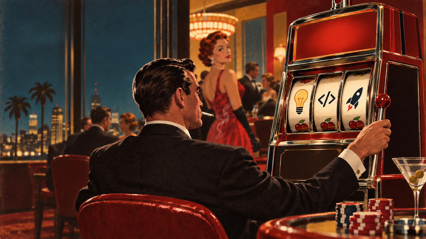 A man in a 1950s casino lounge pulls a slot machine lever; the reels show a lightbulb, a code symbol, and a rocket